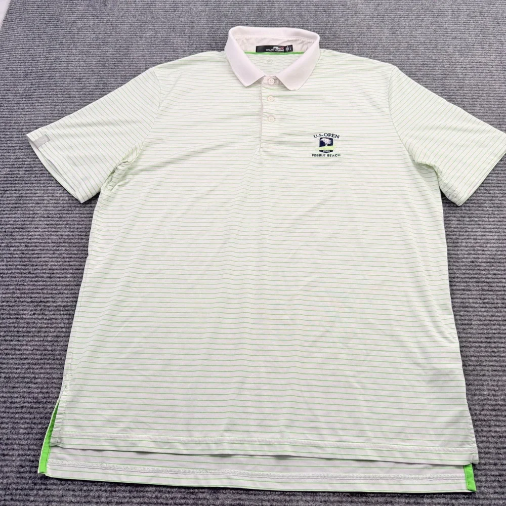 RLX Ralph Lauren Polo Shirt Mens Large Lime Green White Stripped‎ Golf US Open